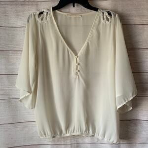 Sweet Rain Off-White Blouse with Beaded Cutout Shoulders V-Neck 3/4 Sleeves